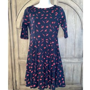 Unique Vintage dress, in Navy Blue with red Umbrellas